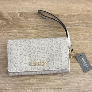 Guess Beige Logo Wristlet Clutch with Gold Accents